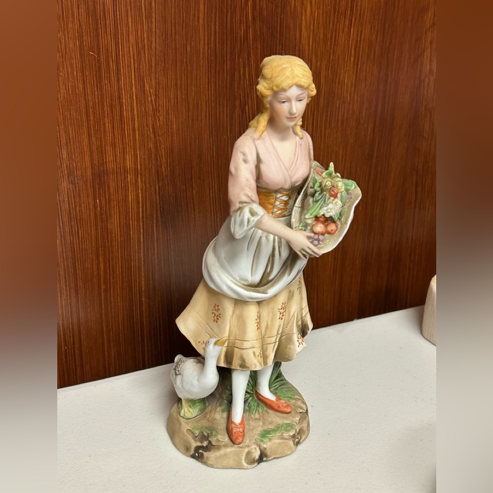 Vintage Homco Porcelain Large figurine Victorian Girl With Goose and fruits